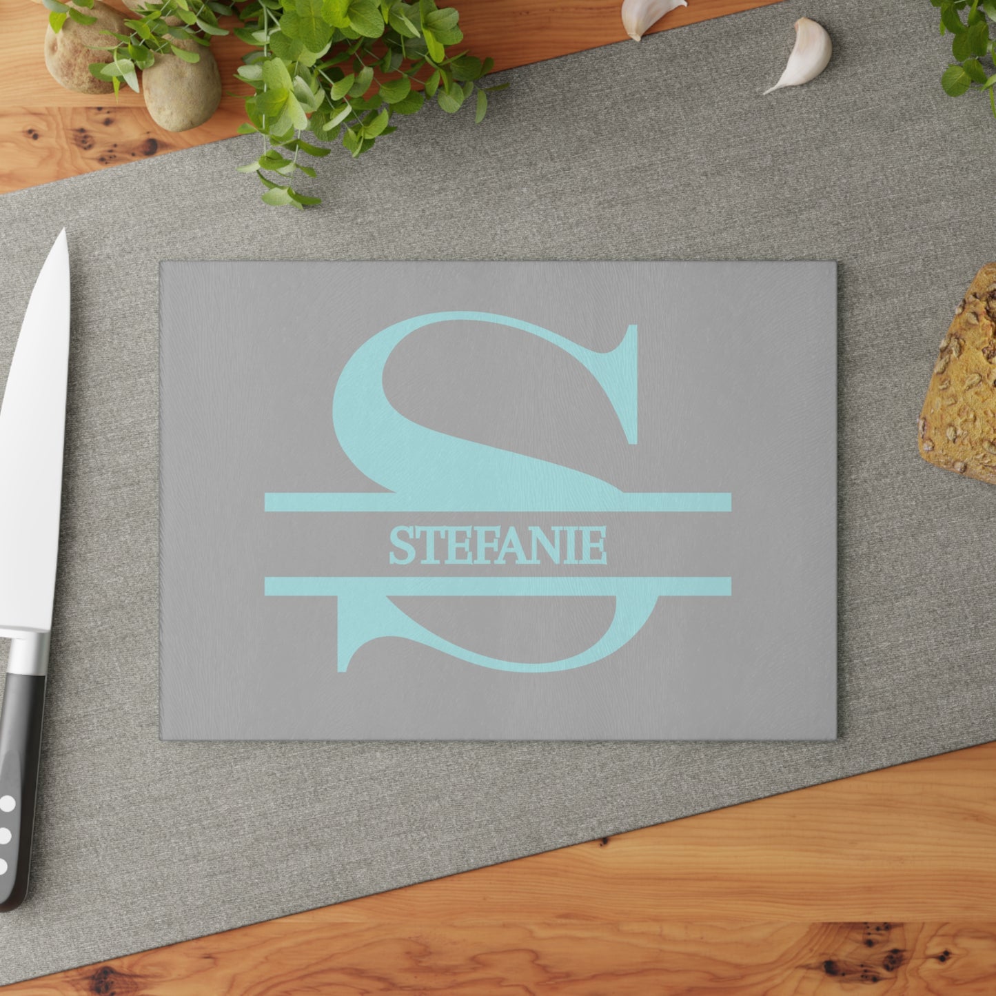 Stephanie - Personalized Monogram Glass Cutting Board – Aqua Initial "S"