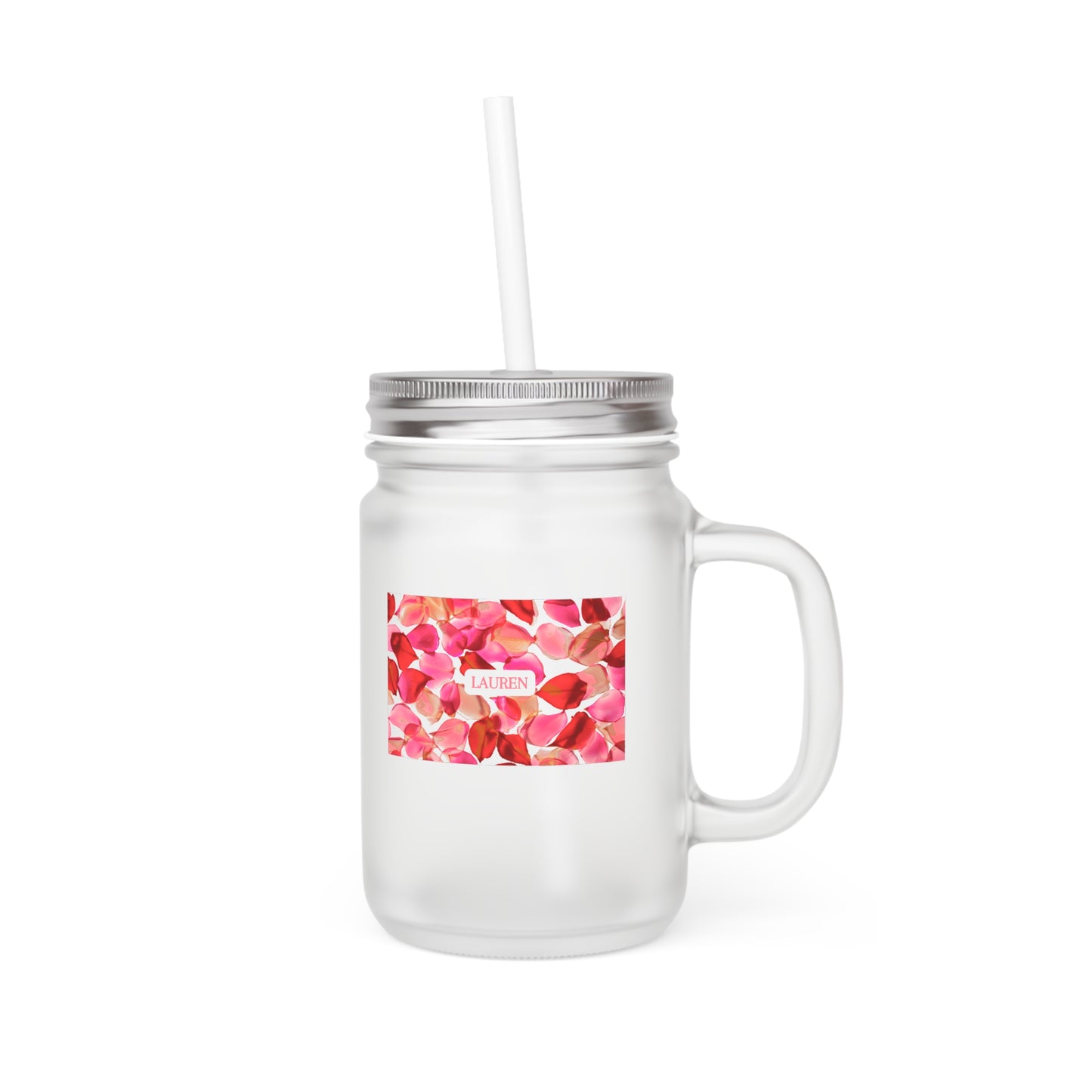 Personalized Pink Petal Frosted Mason Jar Glass