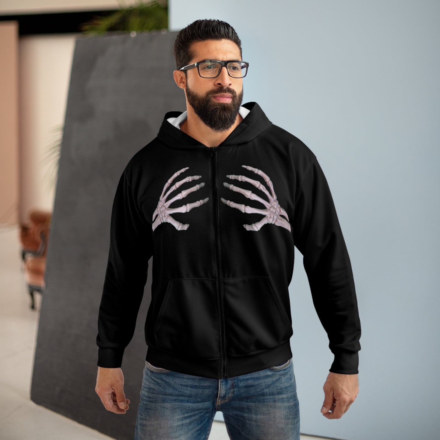 Skelton Hands Zip Hoodie - Black