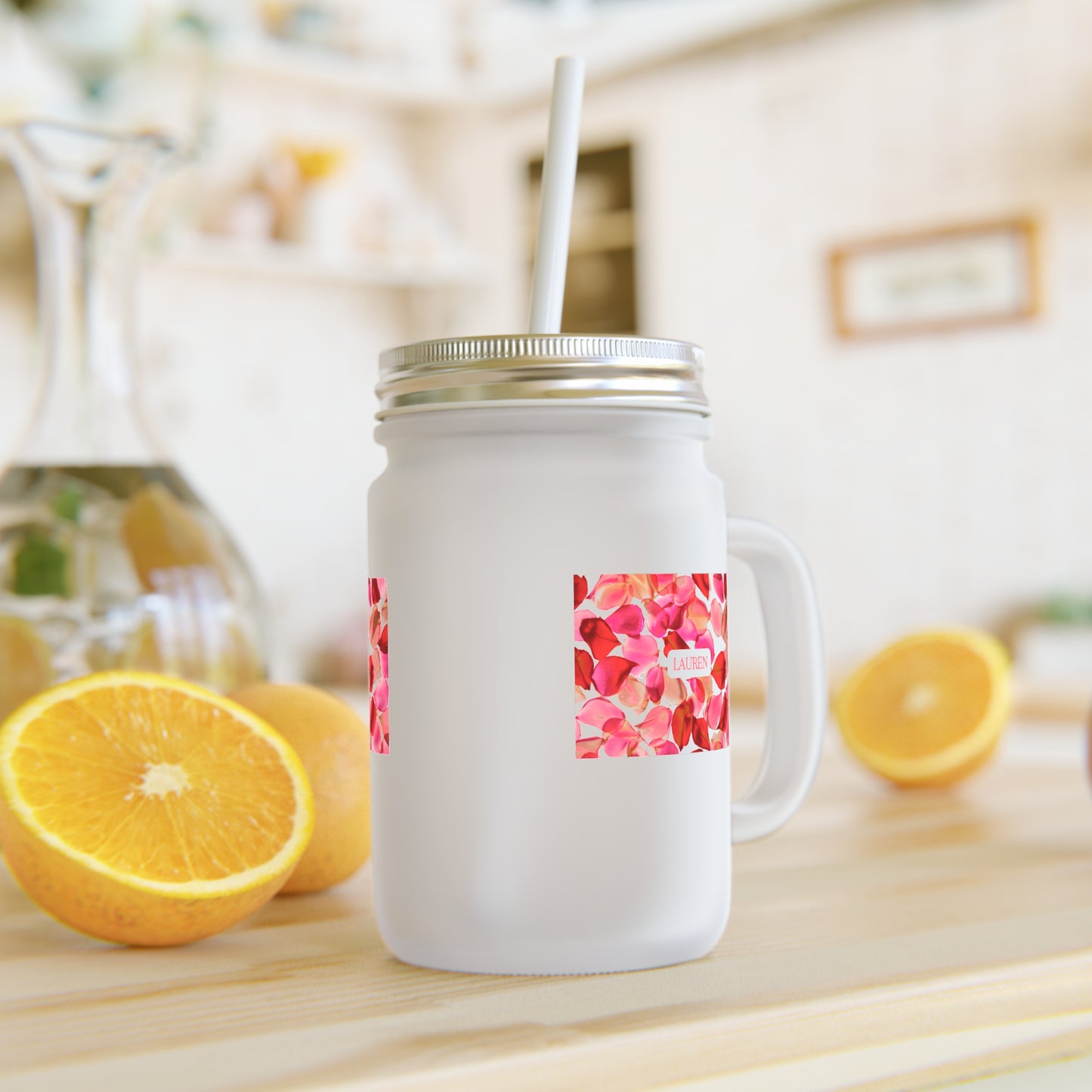 Personalized Pink Petal Frosted Mason Jar Glass