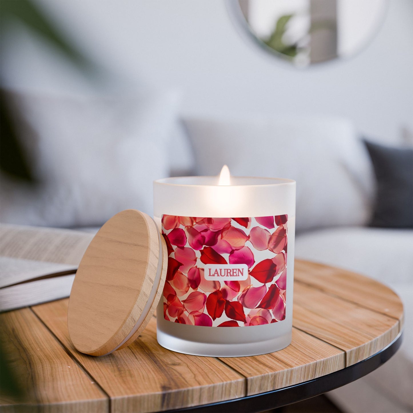 Personalized Rose Petal Frosted Glass Candle - Blackberry Vanilla