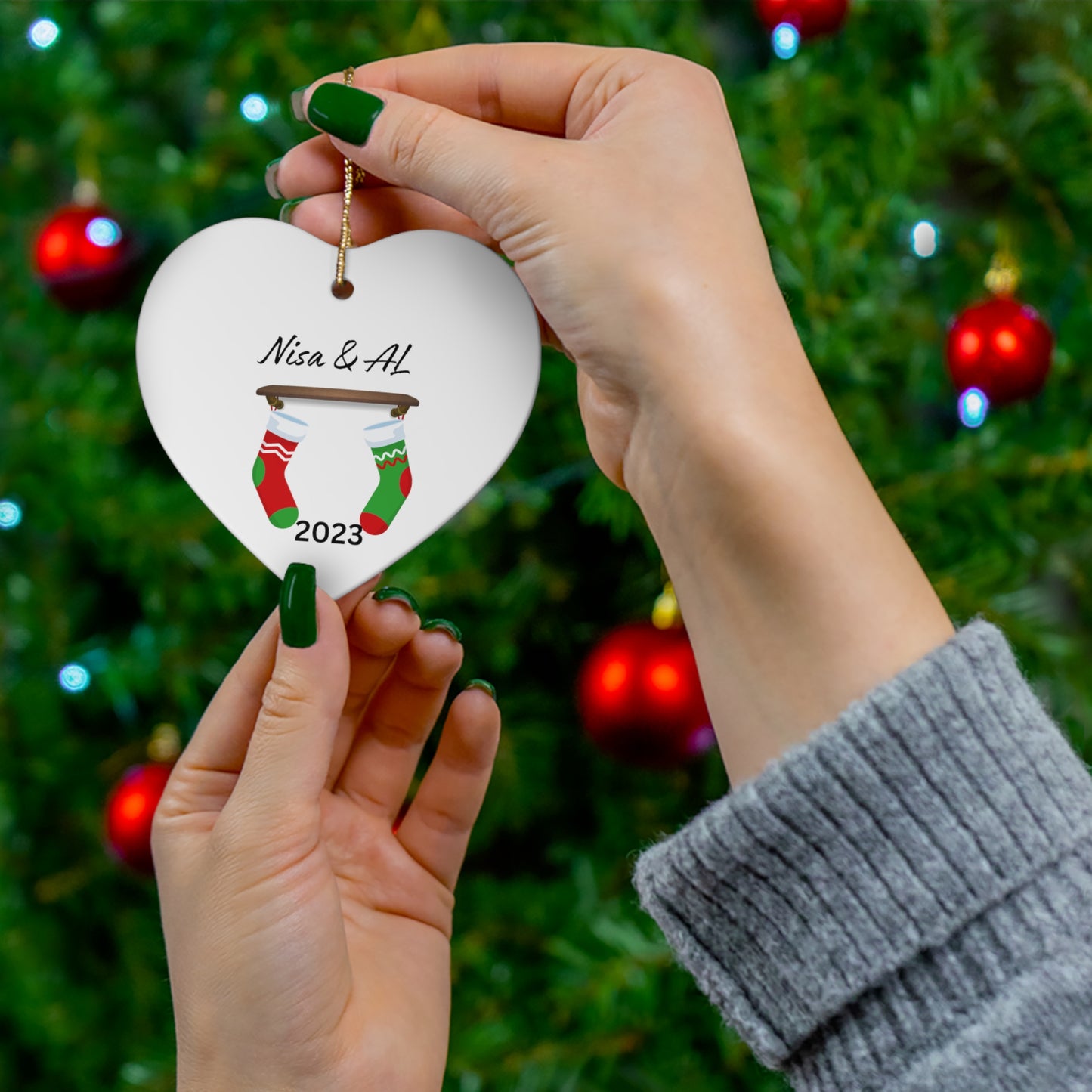 Couples Christmas Stocking Ceramic Ornament