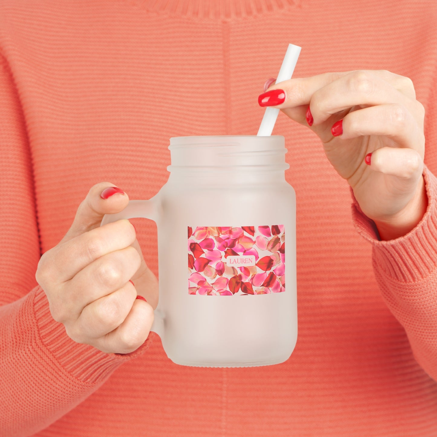 Personalized Pink Petal Frosted Mason Jar Glass