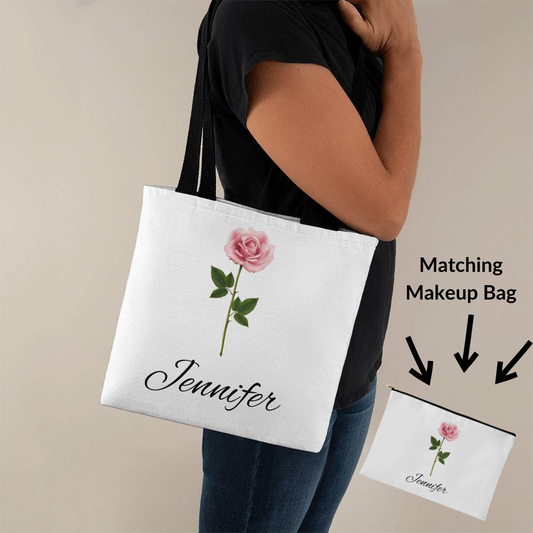Birth Month Flower Tote & Make Up/Cosmetic Bag Bundle