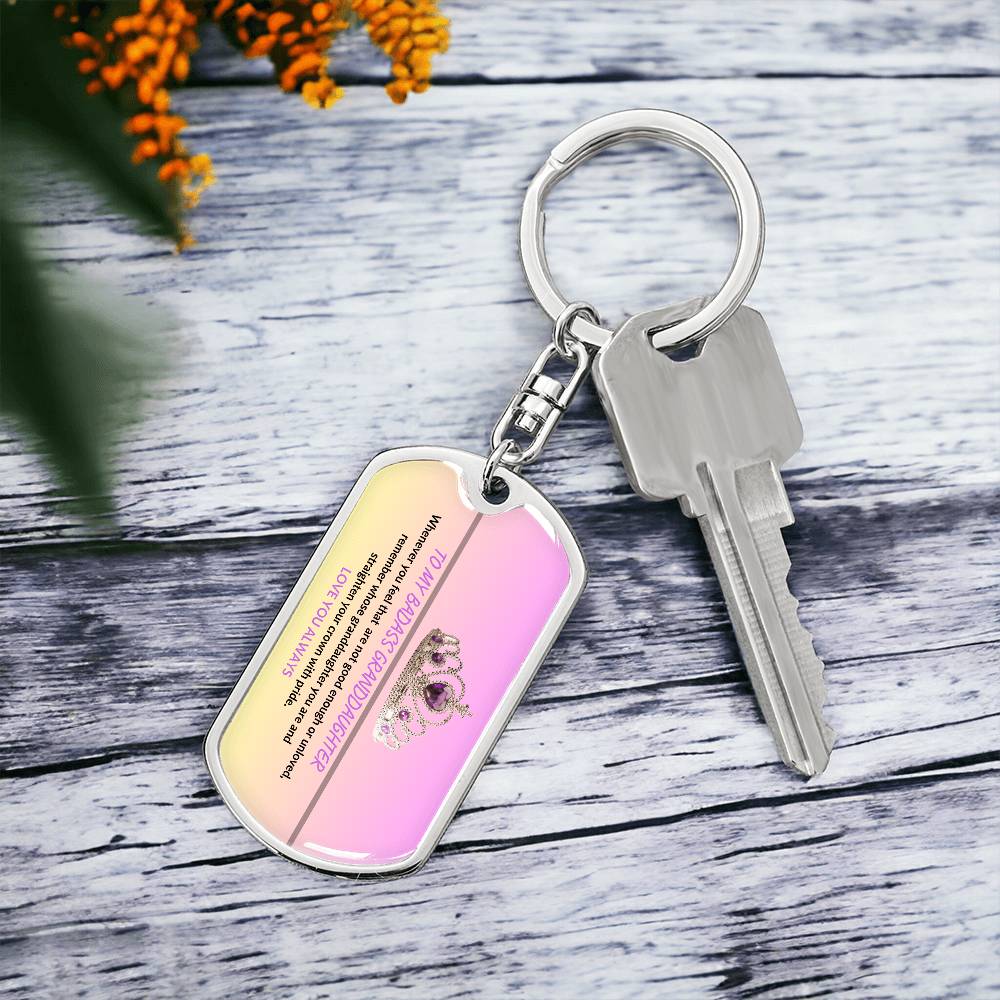 Personalized BADASS GRANDDAUGHTER PINK CROWN DOG TAG SWIVEL KEYCHAIN