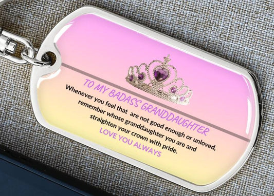 Personalized BADASS GRANDDAUGHTER PINK CROWN DOG TAG SWIVEL KEYCHAIN