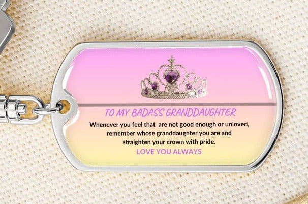 Personalized BADASS GRANDDAUGHTER PINK CROWN DOG TAG SWIVEL KEYCHAIN