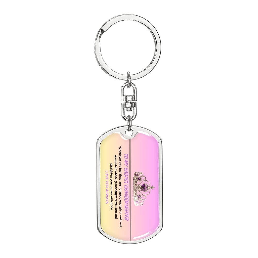 Personalized BADASS GRANDDAUGHTER PINK CROWN DOG TAG SWIVEL KEYCHAIN