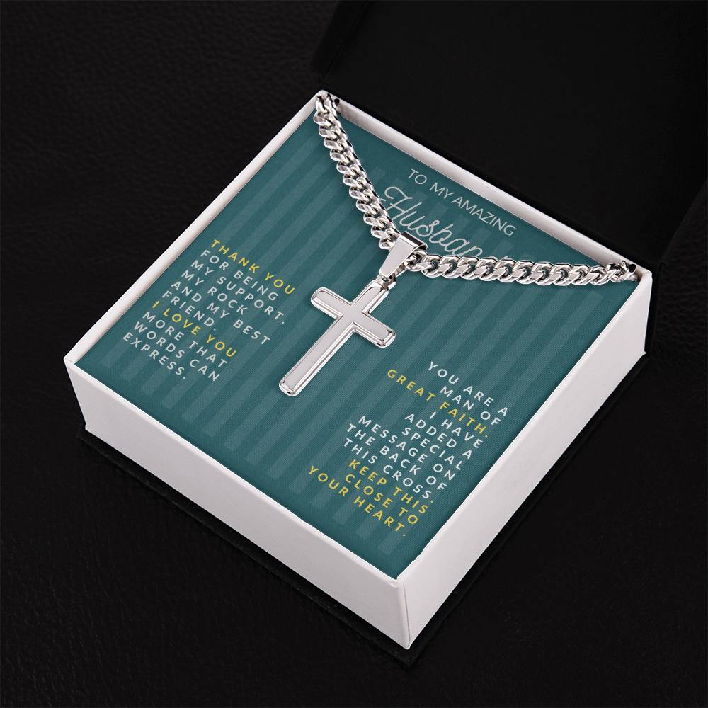 Personalized Steel Cross Necklace on Cuban Chain with Engraved Message on Back For Husband