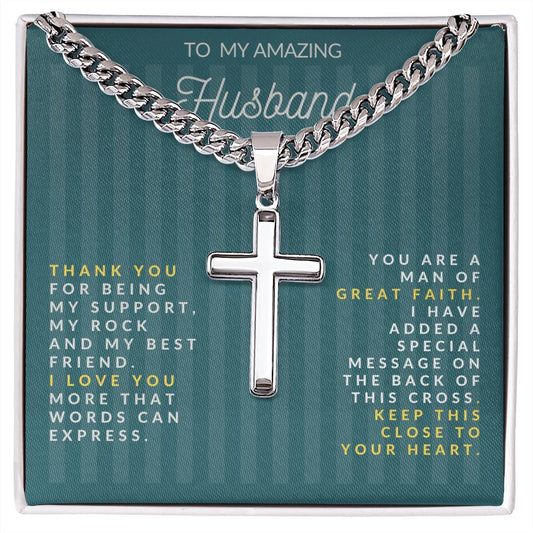 Personalized Steel Cross Necklace on Cuban Chain with Engraved Message on Back For Husband
