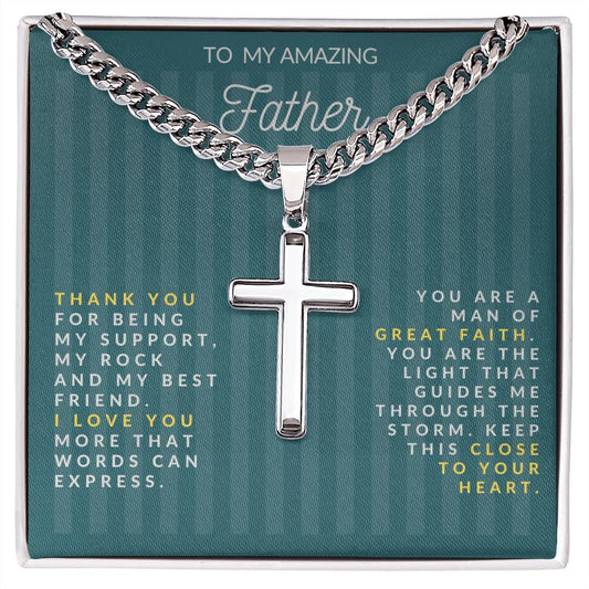 Personalized Steel Cross Necklace on Cuban Chain with Engraved Message on Back For Father