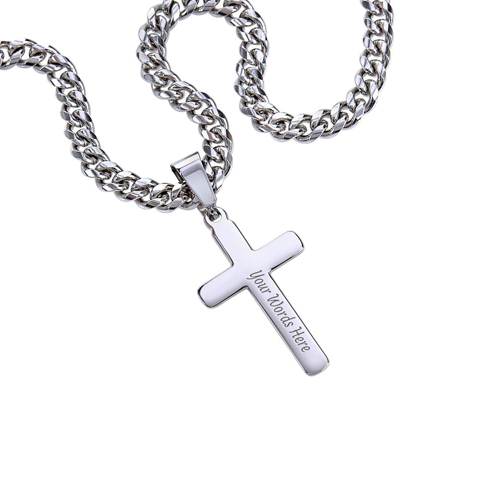 Personalized Steel Cross Necklace on Cuban Chain with Engraved Message on Back For Husband