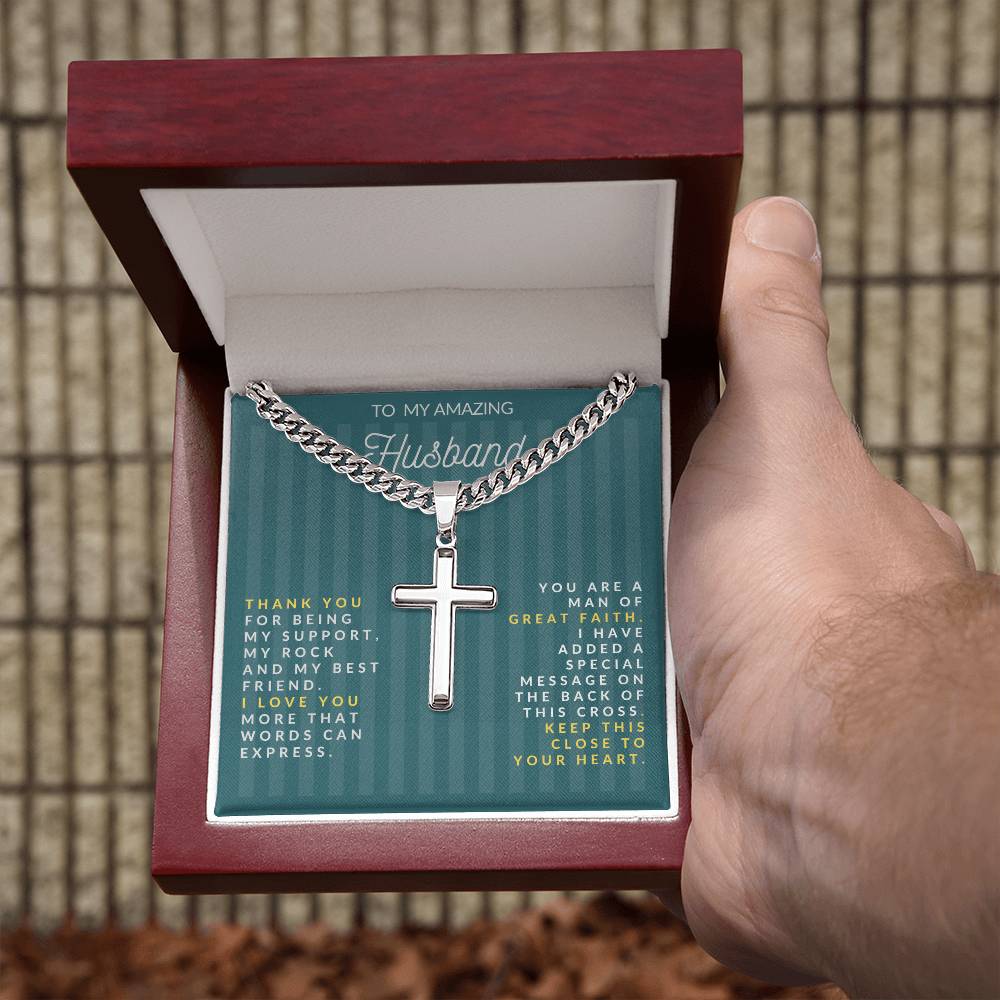 Personalized Steel Cross Necklace on Cuban Chain with Engraved Message on Back For Husband