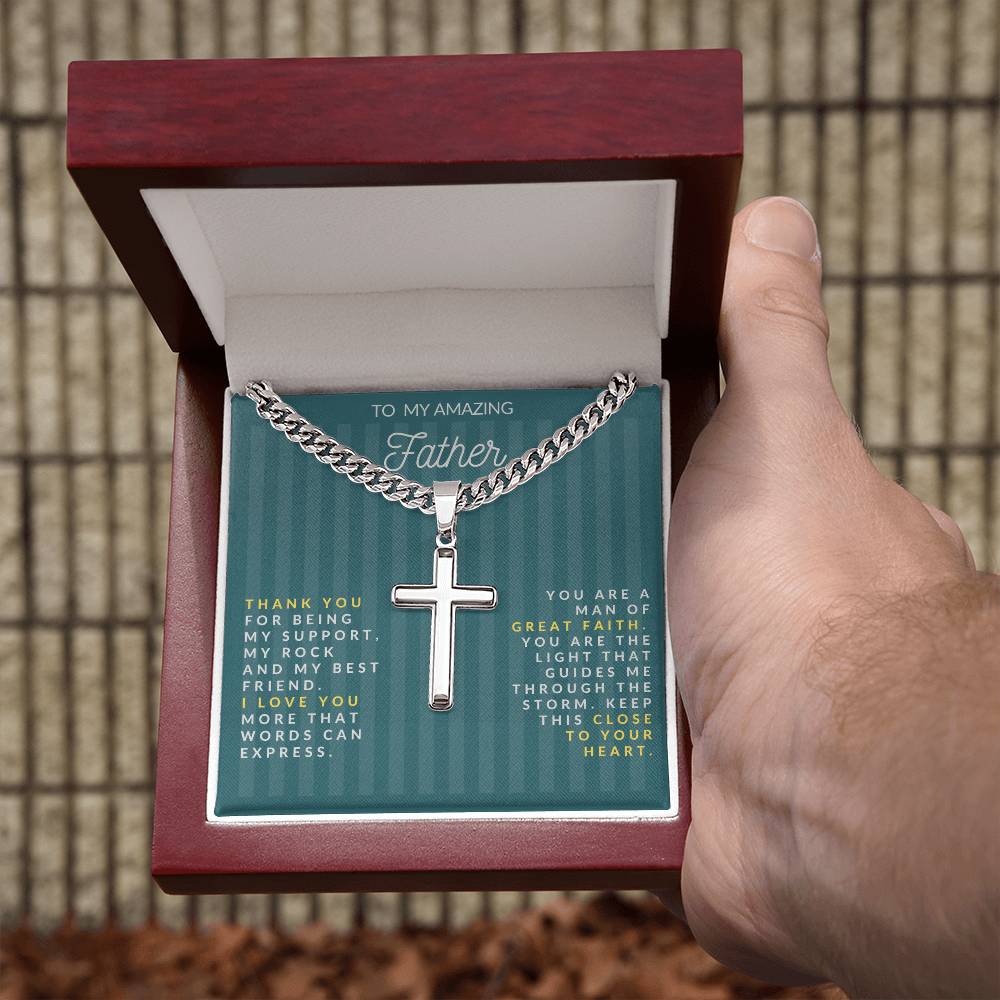 Personalized Steel Cross Necklace on Cuban Chain with Engraved Message on Back For Father