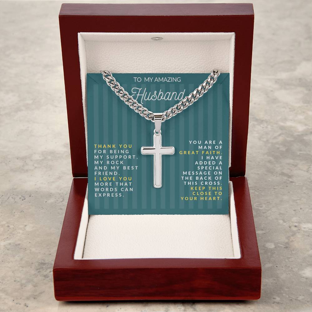 Personalized Steel Cross Necklace on Cuban Chain with Engraved Message on Back For Husband