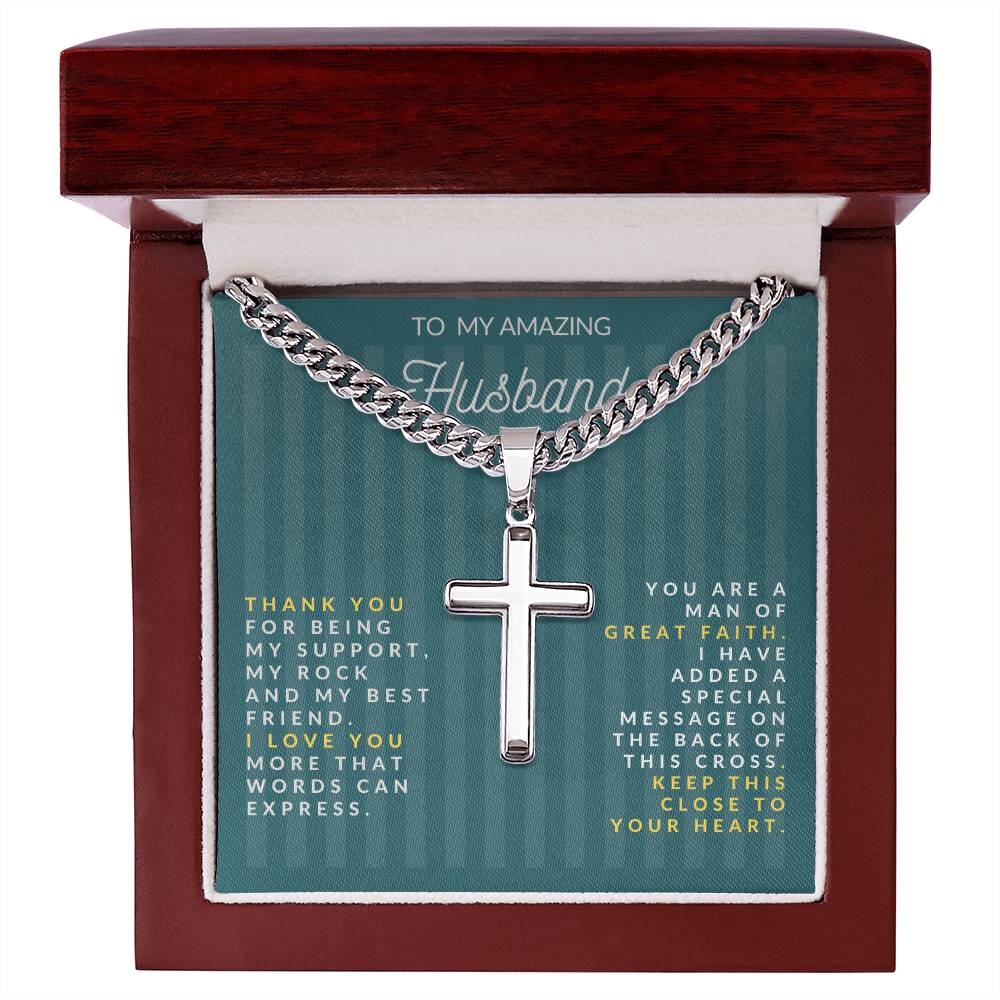 Personalized Steel Cross Necklace on Cuban Chain with Engraved Message on Back For Husband