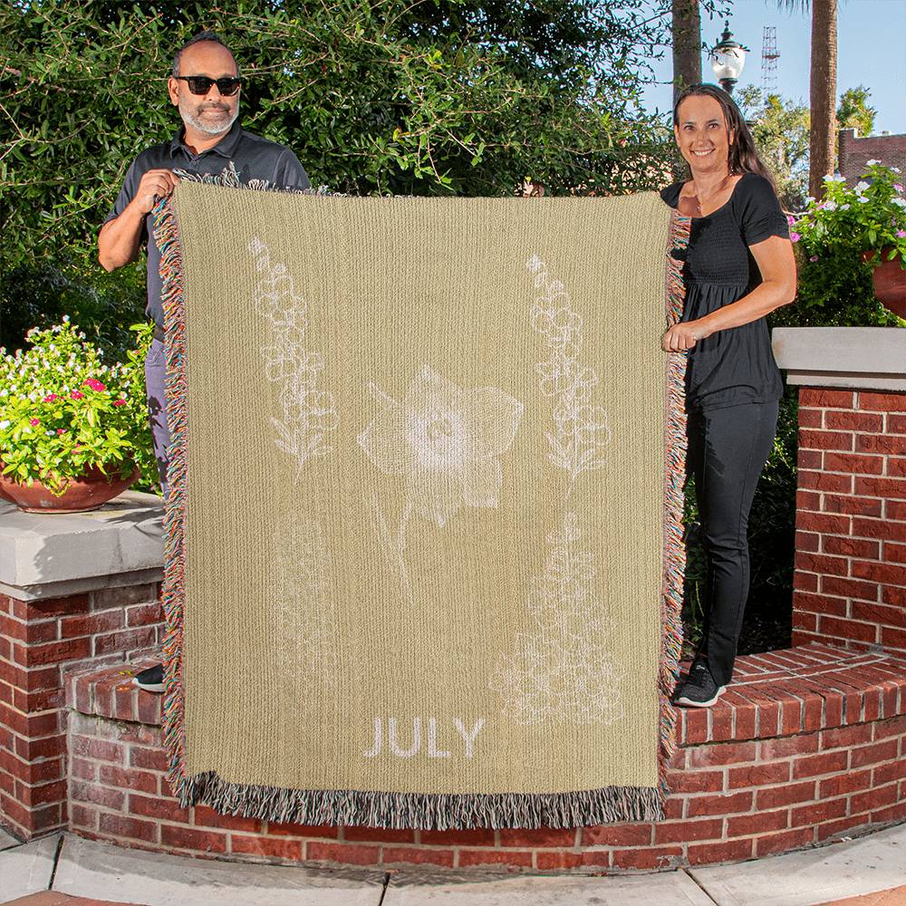 Heirloom Birth Month Flower Woven Blanket - July - Larkspur - Yellow