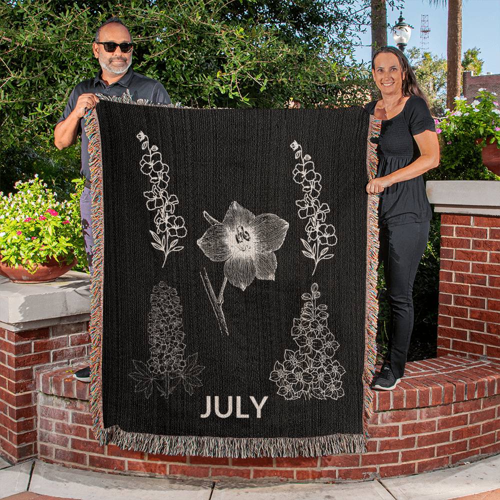 Black - July - Larkspur Heirloom Birth Month Flower Woven Blanket