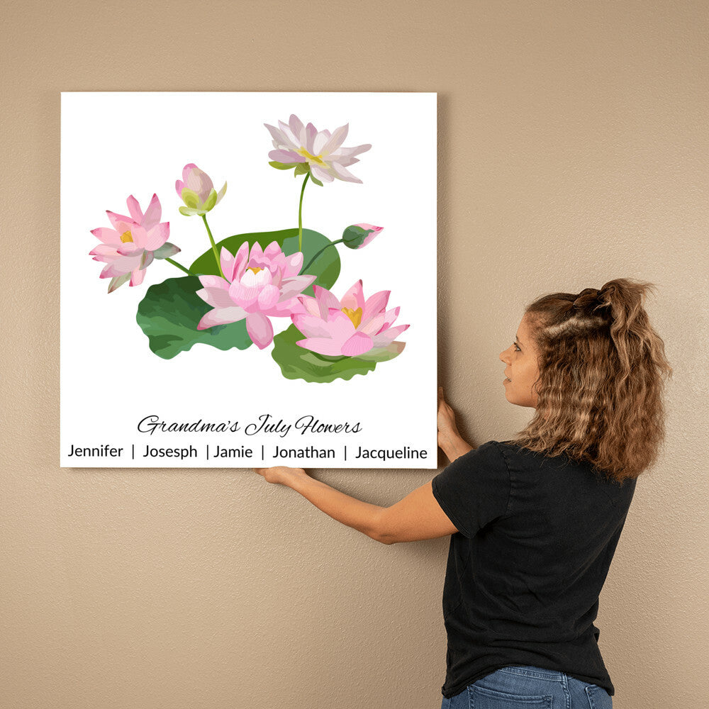 Personalized Birth Month Flower Canvas Wall Art for Mom or Grandma - July Flowers
