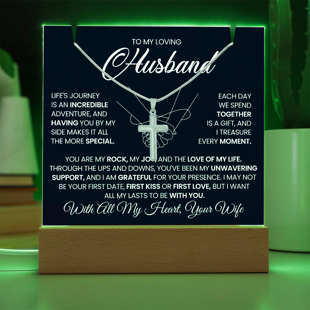 Husband Life is a Journey - Cross Necklace Chain with Square Acrylic Plaque Light Up Stand