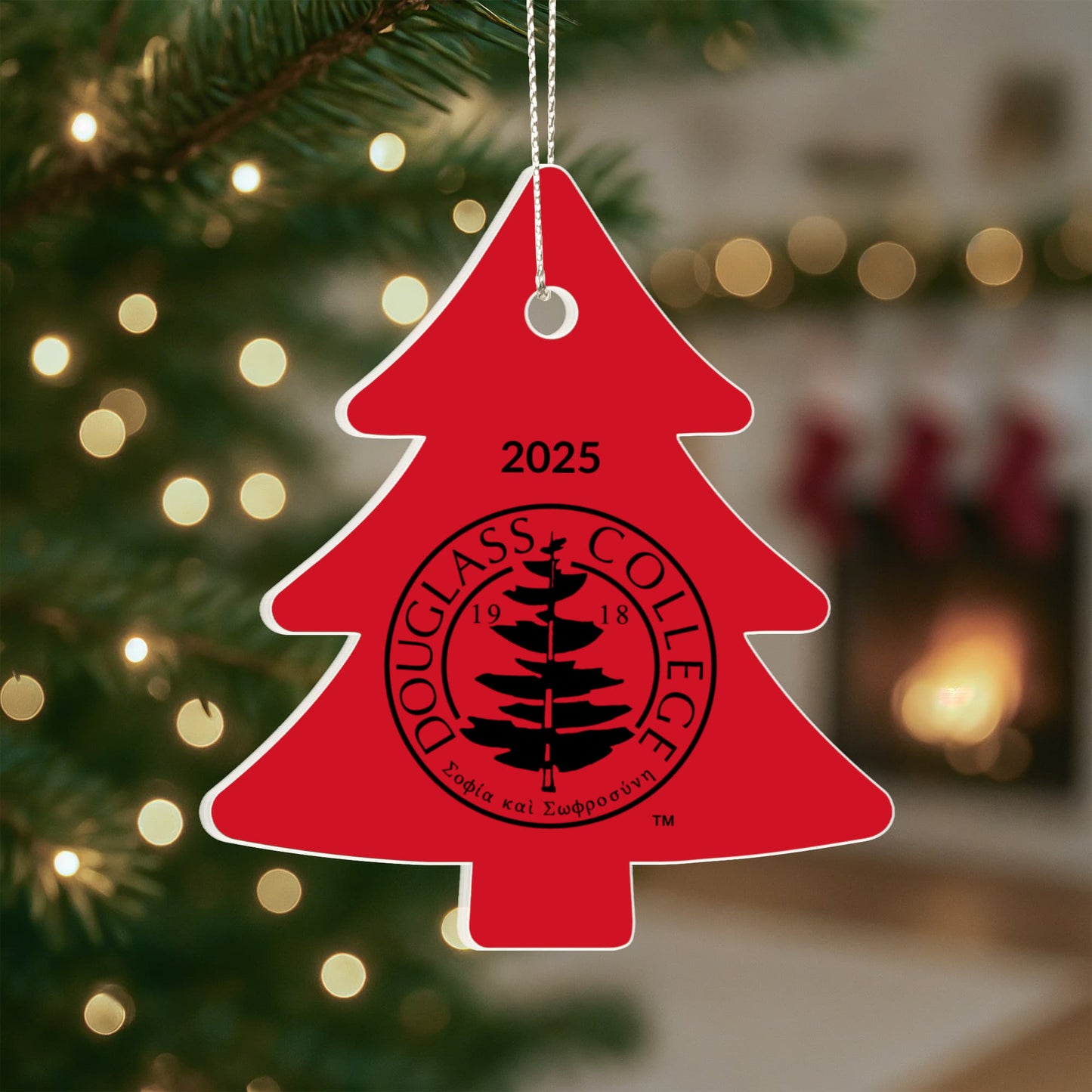 Douglass College Seal - Red Tree Ornament - 2025
