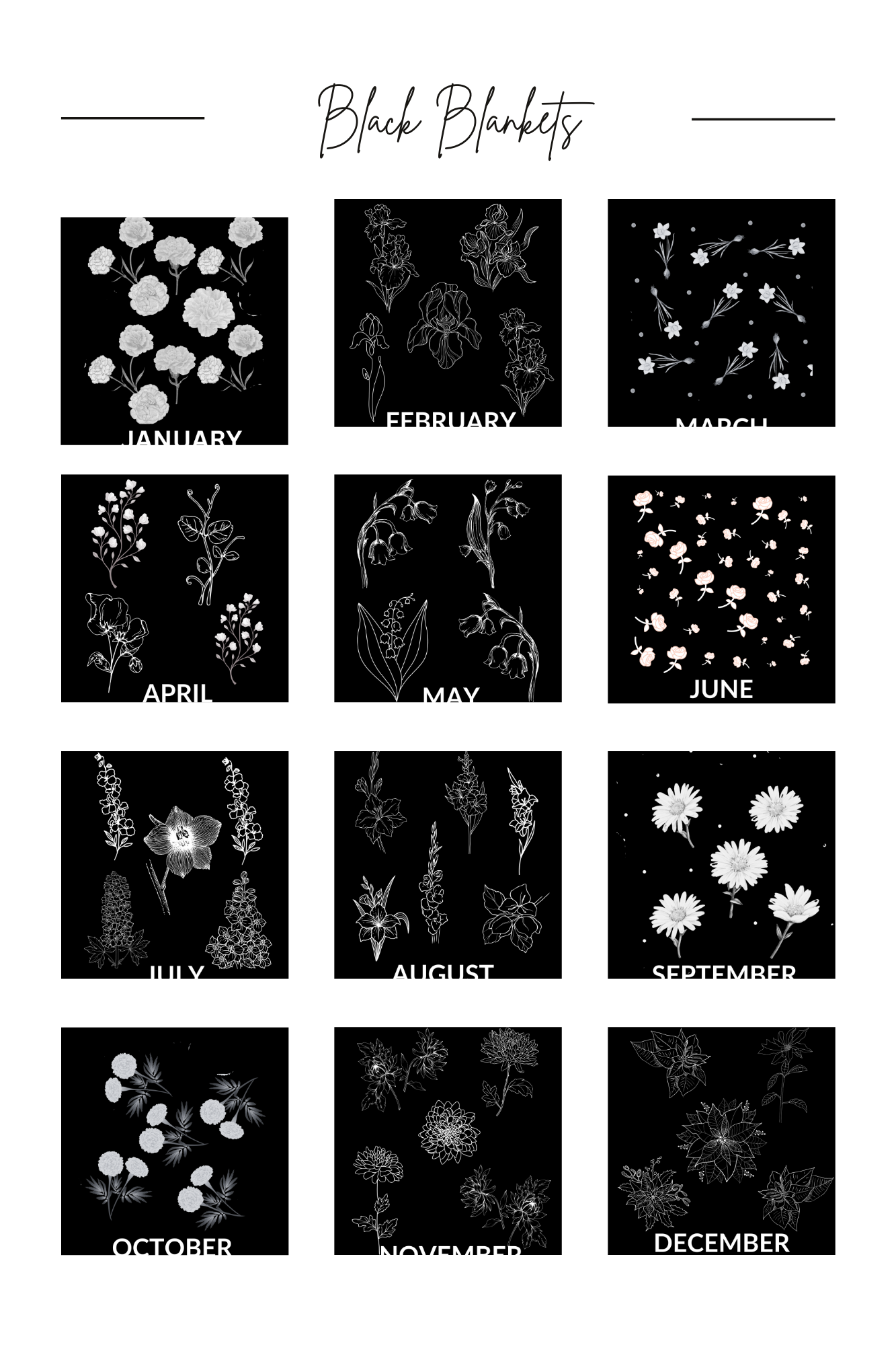 Black - July - Larkspur Heirloom Birth Month Flower Woven Blanket