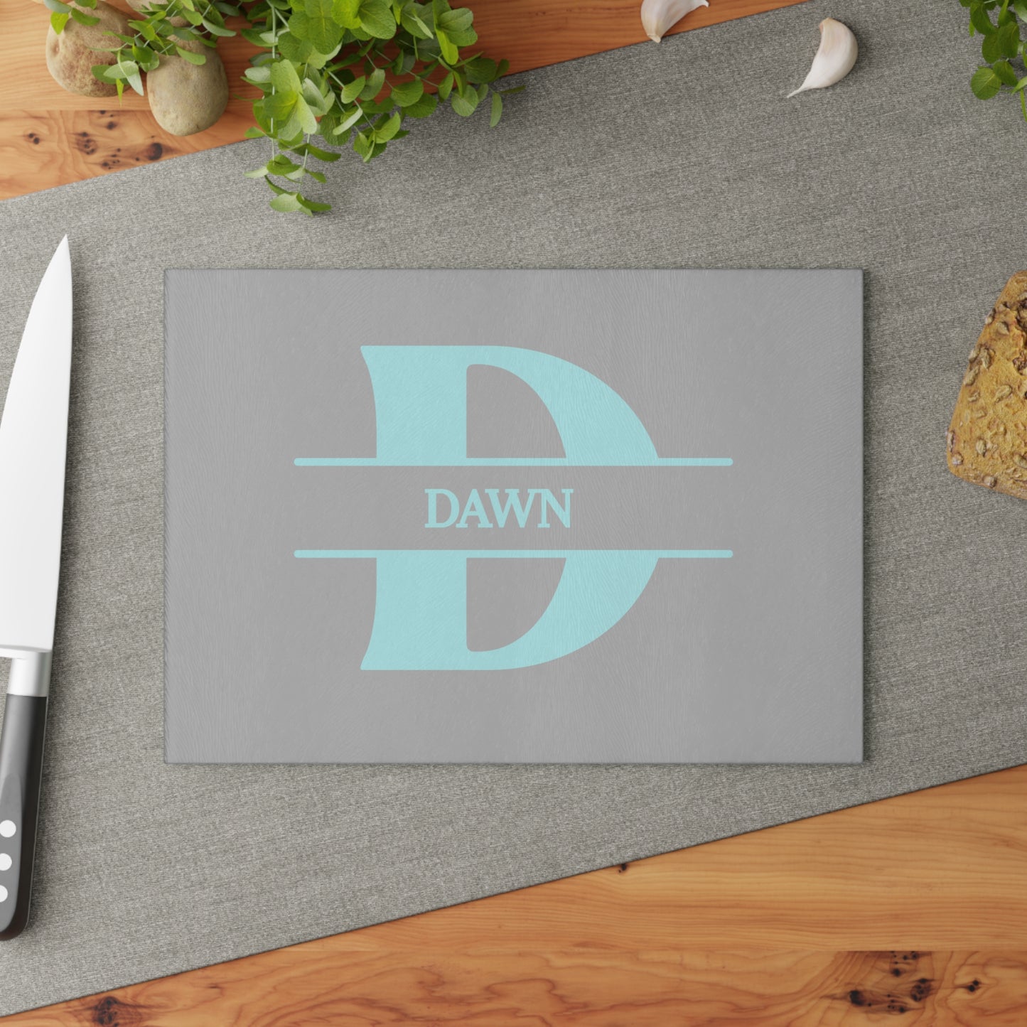 Dawn - Personalized Monogram Glass Cutting Board – Aqua 'D'
