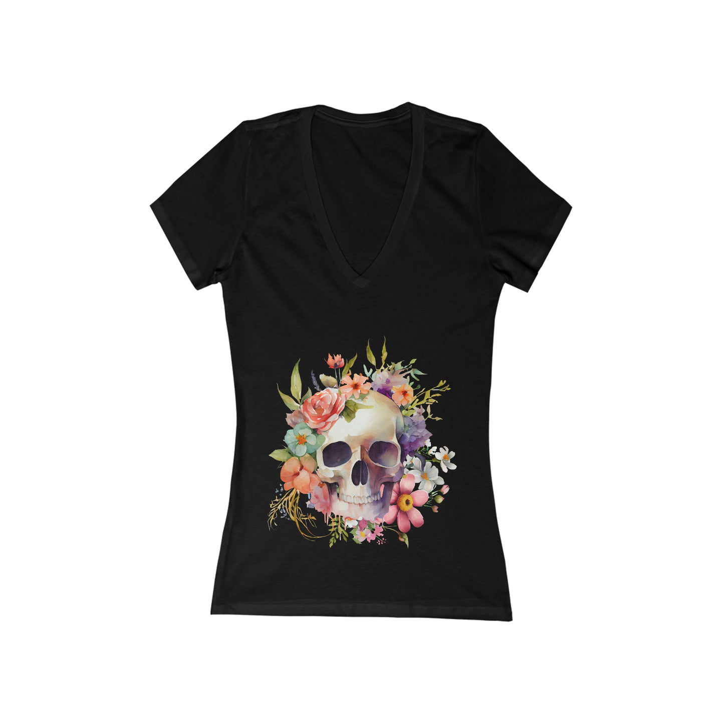 Sugar Skull Flowers Women's Short Sleeve Deep V-Neck Tee