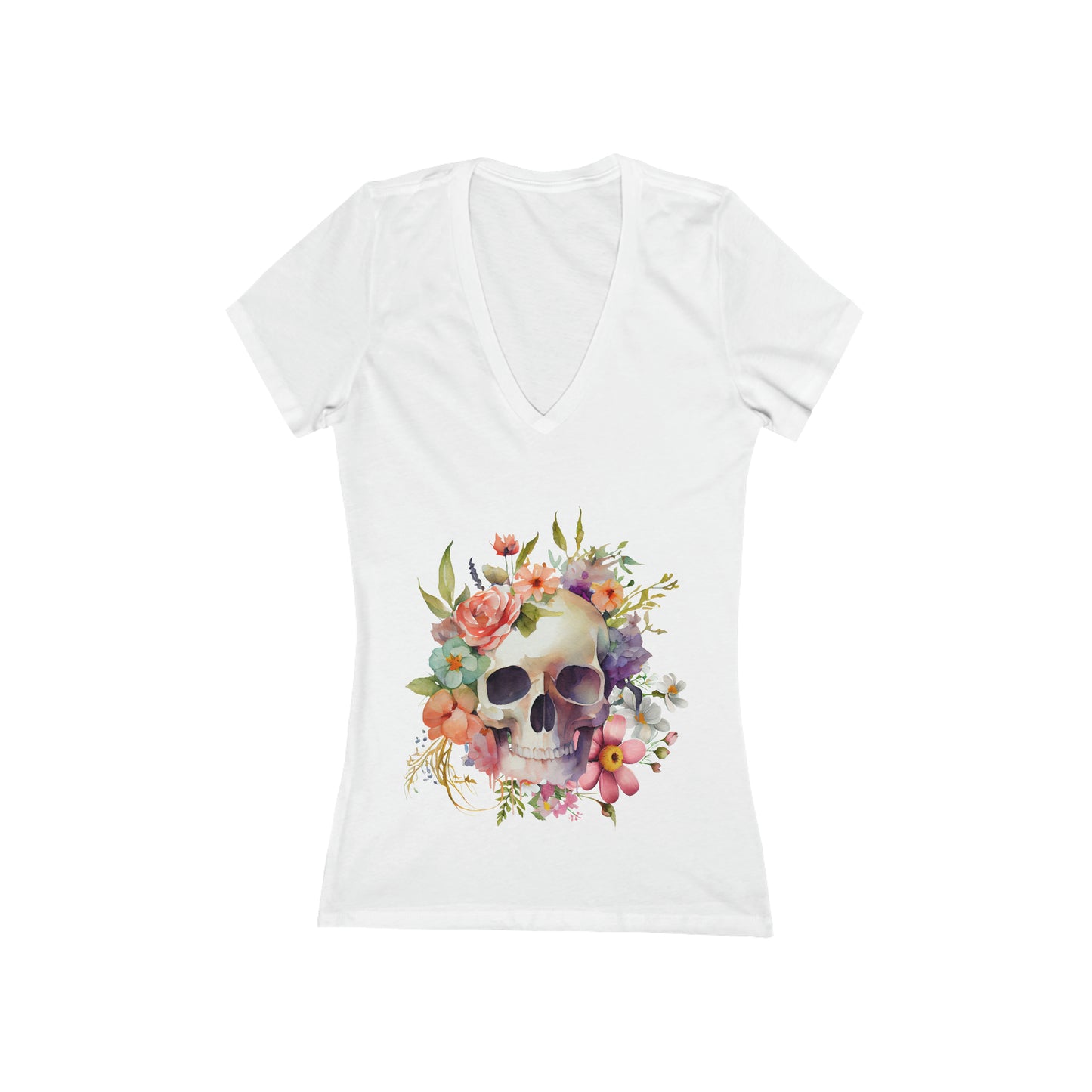 Sugar Skull Flowers Women's Short Sleeve Deep V-Neck Tee