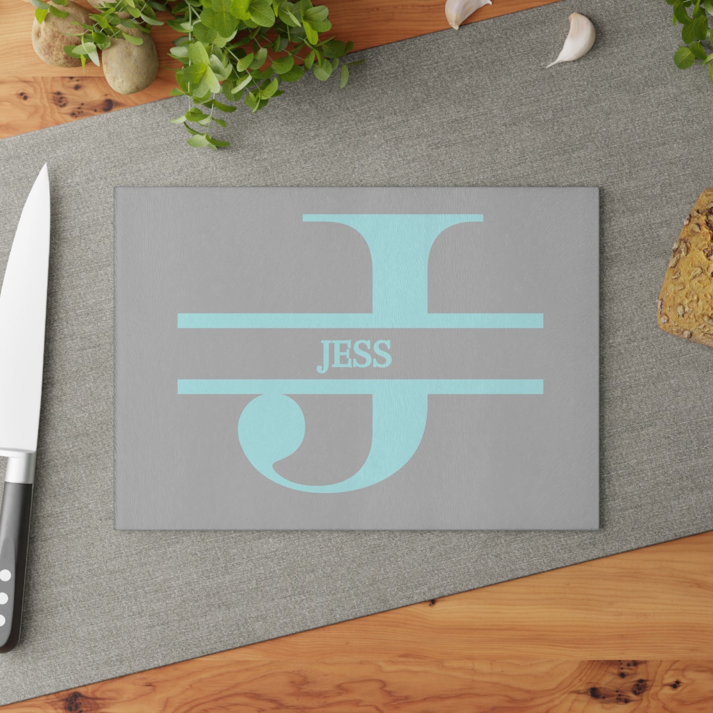 Jess - Personalized Monogram Glass Cutting Board – Aqua Initial J