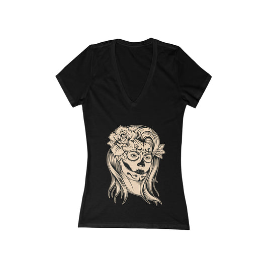 Sugar Skull Bronze Women's Short Sleeve Deep V-Neck Tee