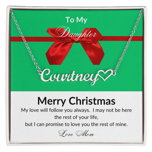 Personalized Name Necklace with Heart to My Daughter with Red Bow on Green MC