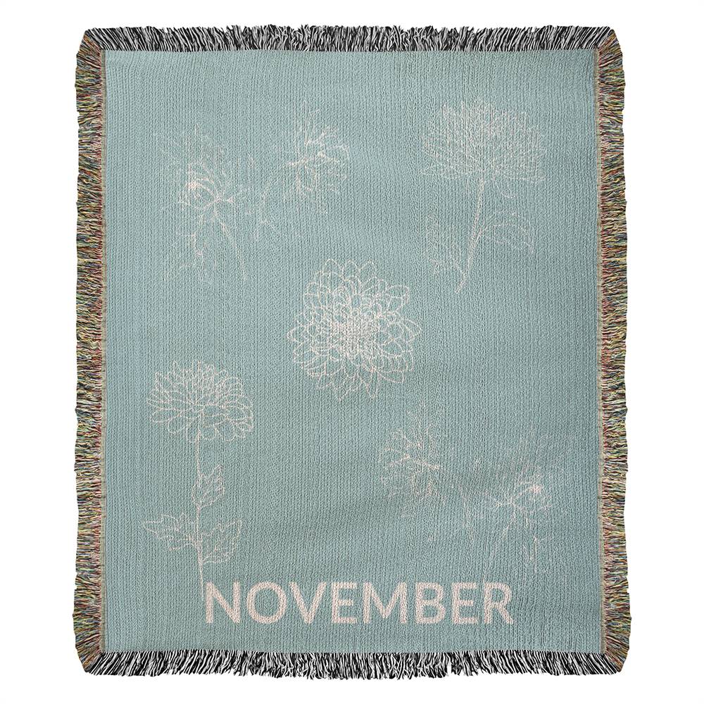 Aqua - November - Chrysanthemum Heirloom Birth Month Flower Woven Blanket