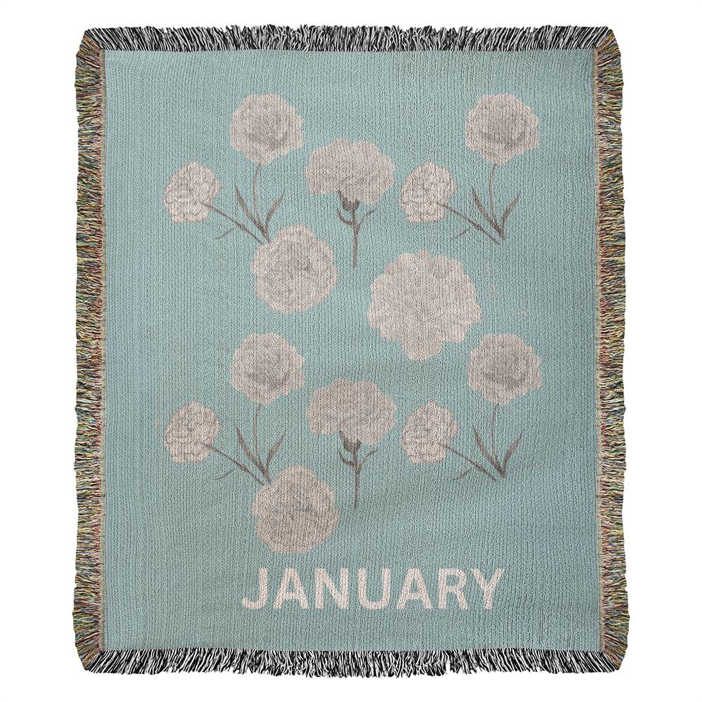 Heirloom Birth Month Flower Woven Blanket - January - Aqua - Carnation