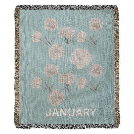 Heirloom Birth Month Flower Woven Blanket - January - Aqua - Carnation