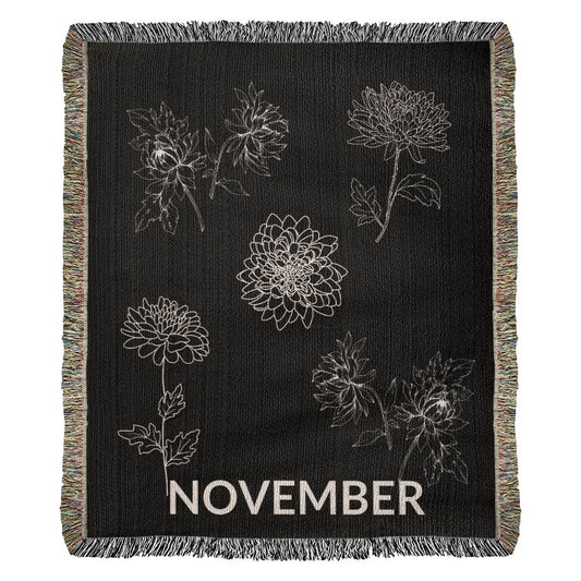 Black - November - Chrysanthemum Heirloom Birth Month Flower Woven Blanket