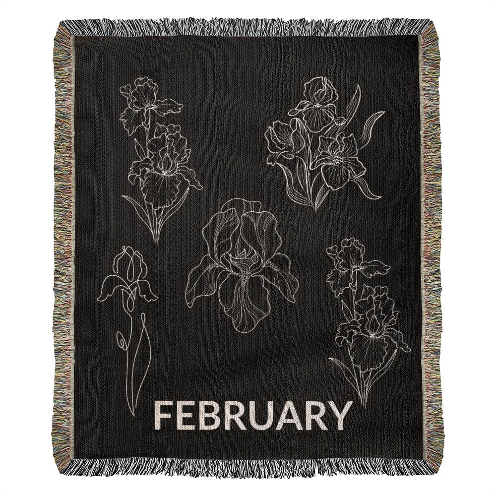 Black - February - Iris Heirloom Birth Month Flower Woven Blanket