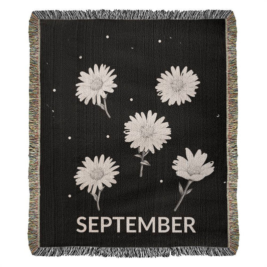 Heirloom Birth Month Flower Woven Blanket - September - Black - Aster