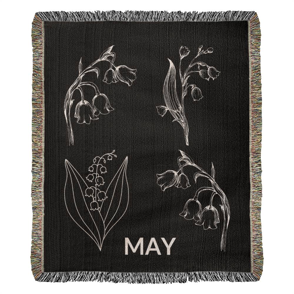 Black - May - Lily of the Valley Heirloom Birth Month Flower Woven Blanket