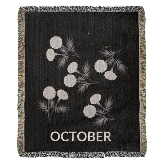 Black - October - Marigold Heirloom Birth Month Flower Woven Blanket