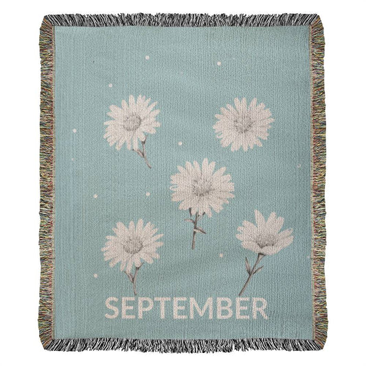 Aqua - Septemberr - Aster Heirloom Birth Month Flower Woven Blanket