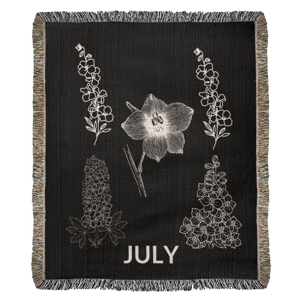 Black - July - Larkspur Heirloom Birth Month Flower Woven Blanket
