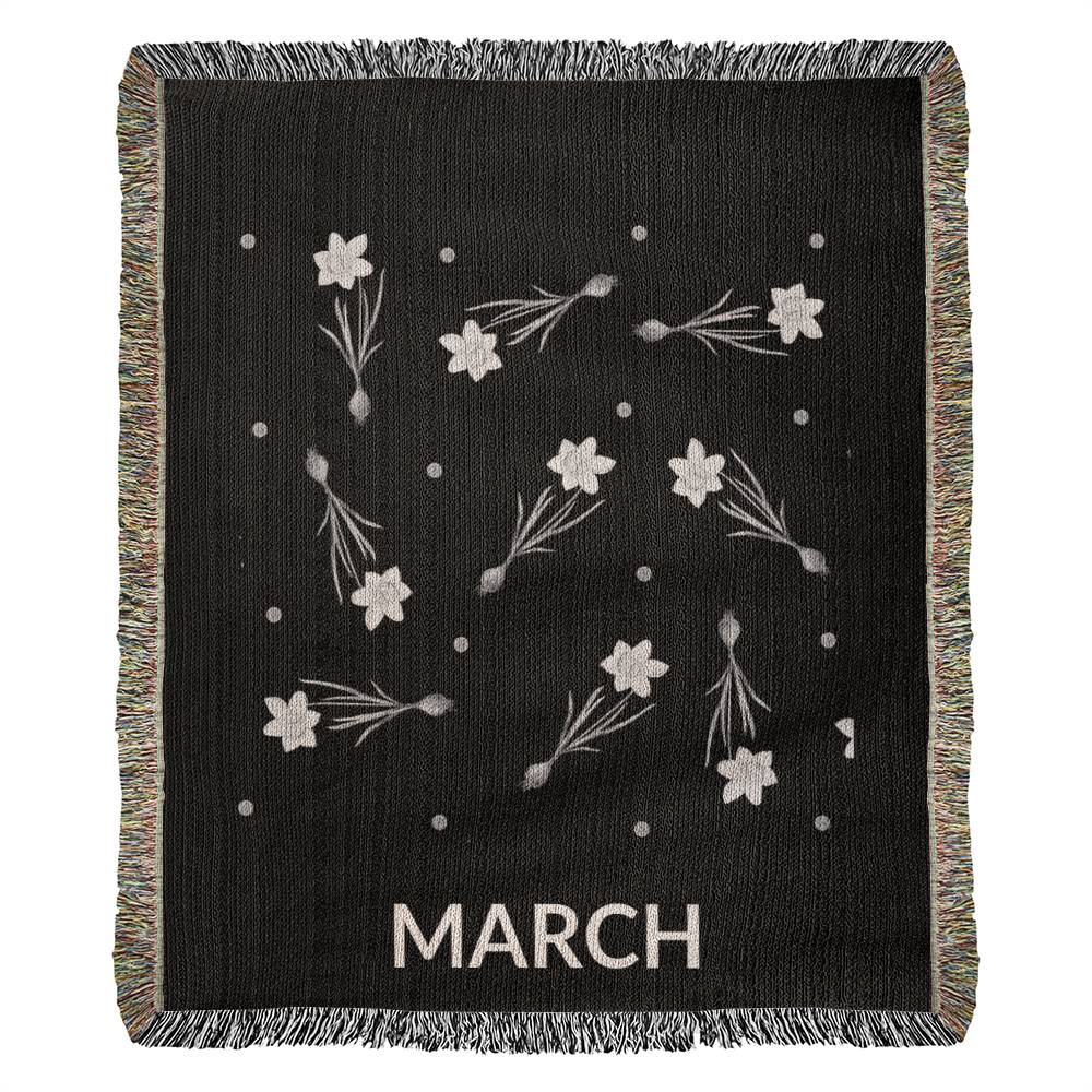 Black - March - Daffodil Heirloom Birth Month Flower Woven Blanket