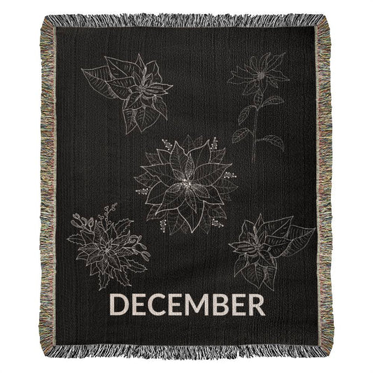 Black - December - Poinsettia Heirloom Birth Month Flower Woven Blanket