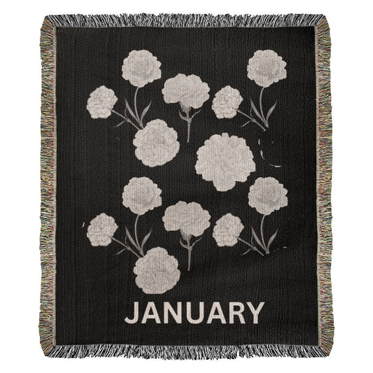 Black - January - Carnation Heirloom Birth Month Flower Woven Blanket