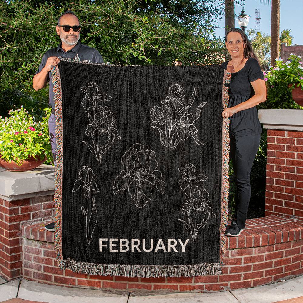 Black - February - Iris Heirloom Birth Month Flower Woven Blanket