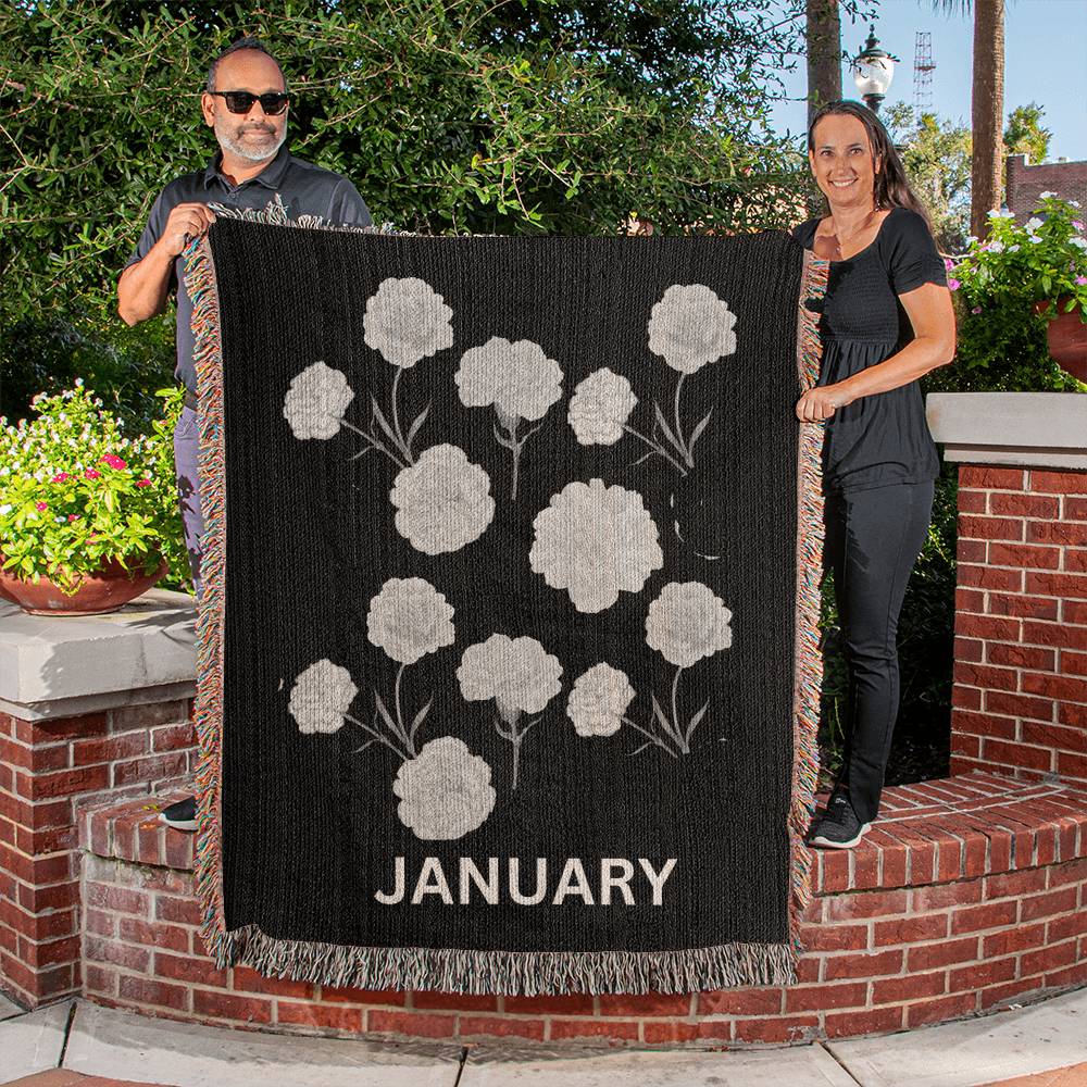 Black - January - Carnation Heirloom Birth Month Flower Woven Blanket