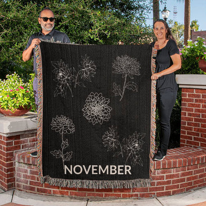 Black - November - Chrysanthemum Heirloom Birth Month Flower Woven Blanket