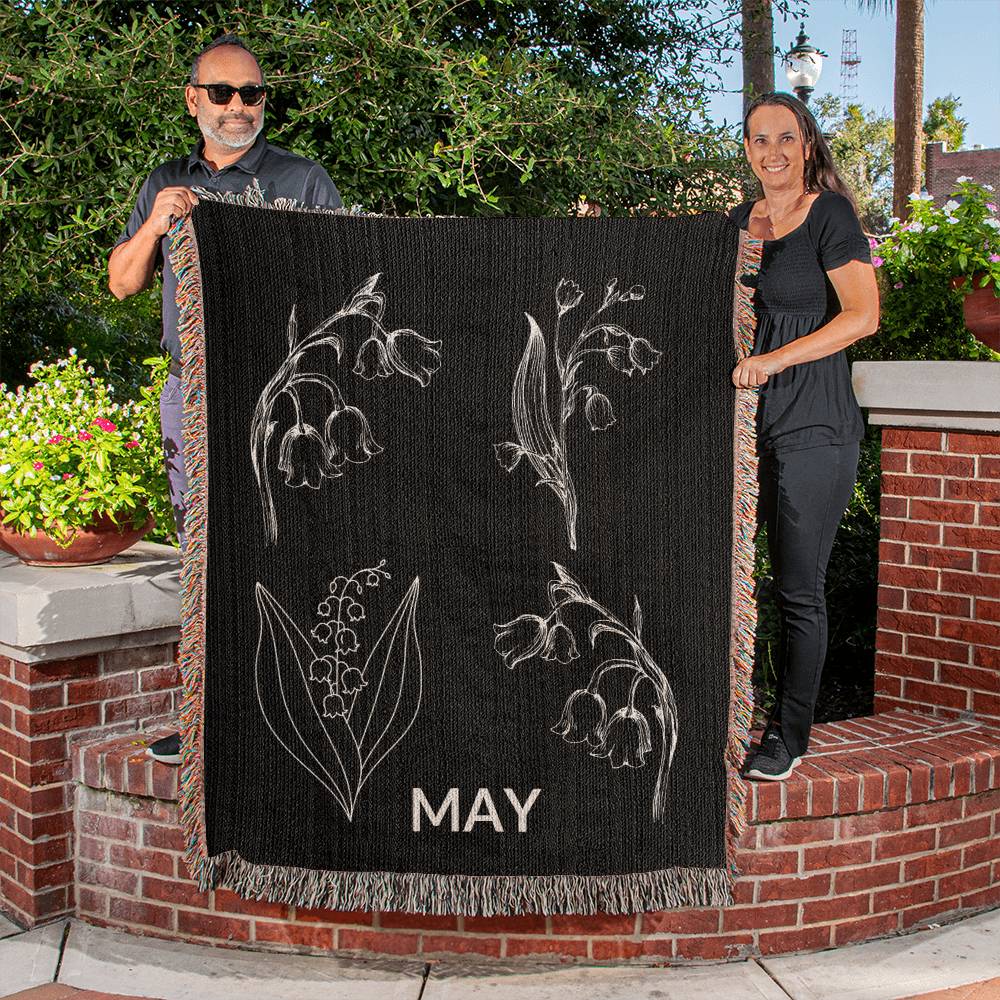 Black - May - Lily of the Valley Heirloom Birth Month Flower Woven Blanket