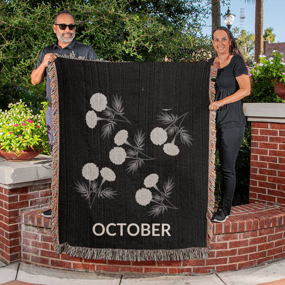 Black - October - Marigold Heirloom Birth Month Flower Woven Blanket